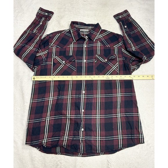 Vintage Maroon & Black Plaid Pearl Snap Western Flannel Shirt Men's Size Large - Picture 5 of 8